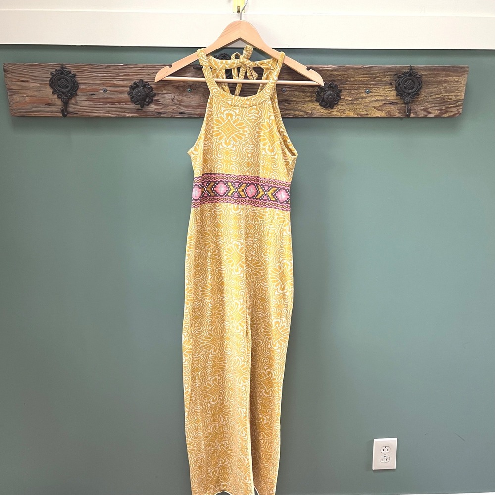 Prana Halter Maxi Dress XS Mustard Yellow Paisley Boho Sleeveless Tie Back